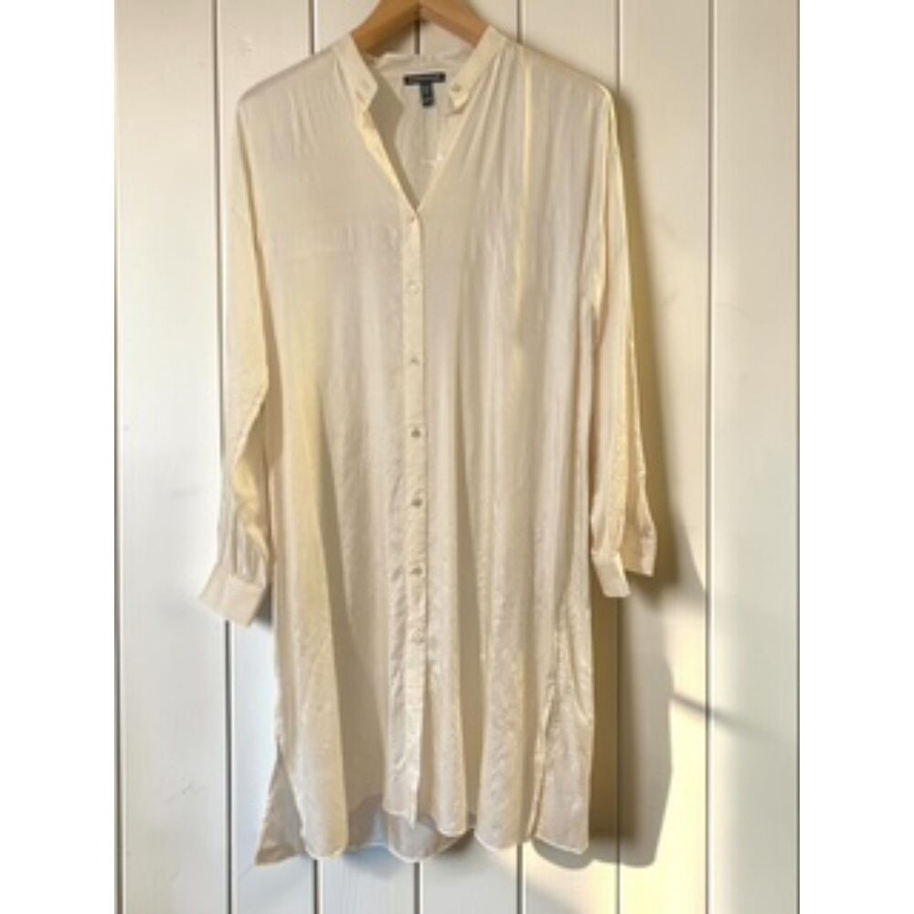 Eileen Fisher Washed Silk Tussah Mandarin Collar Shirtdress Ivory Bone Size XXS